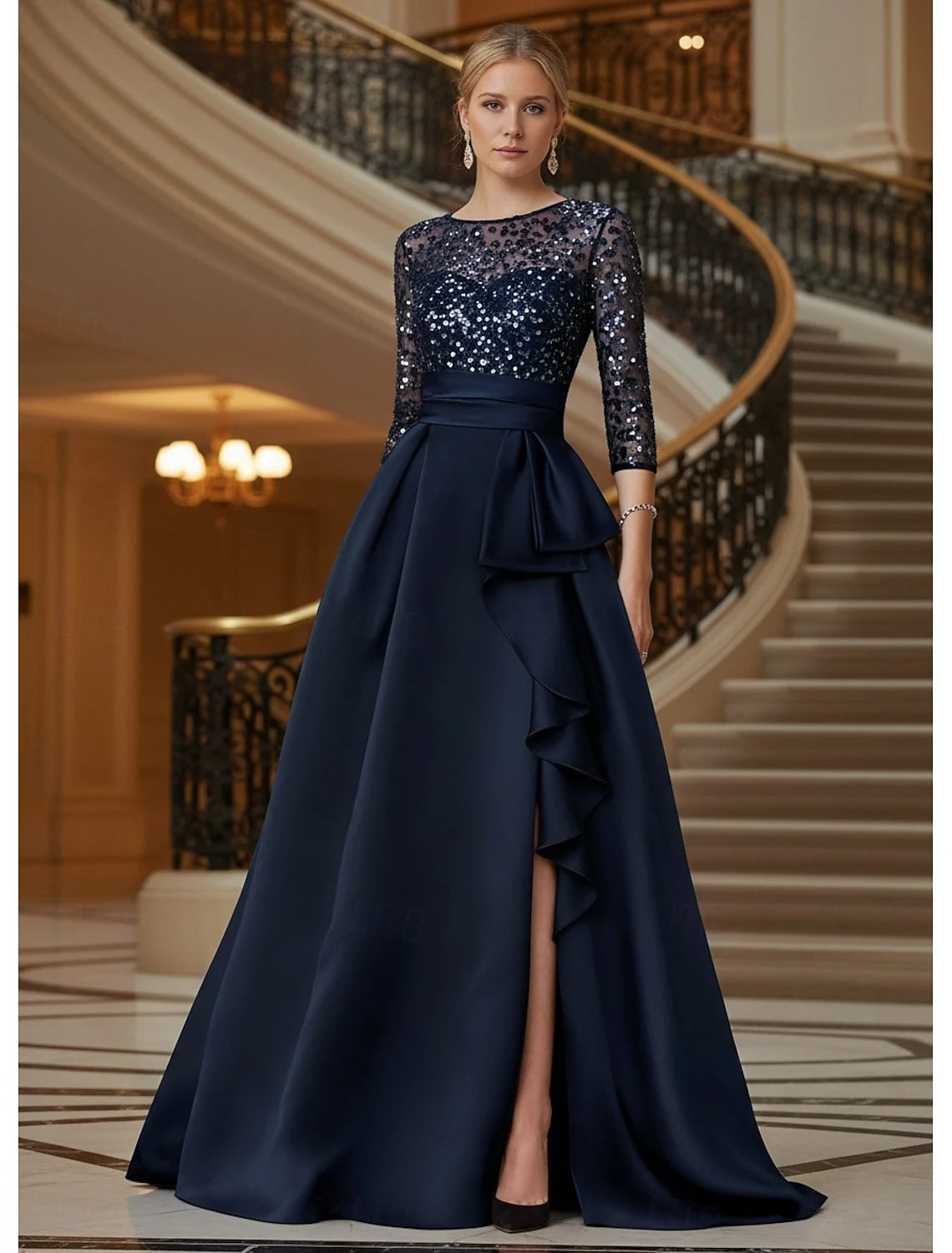 Elegant A-Line Boat Neck Three-Quarter Sleeve Sequin Navy Blue Floor-Length Evening Gown