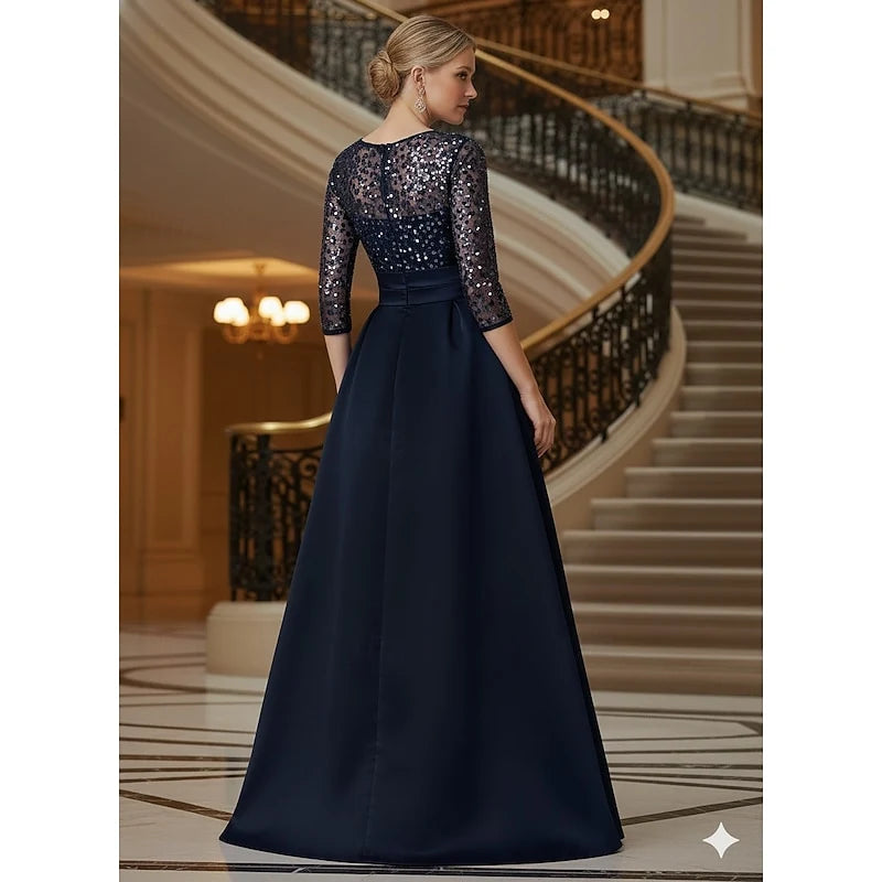 Elegant A-Line Boat Neck Three-Quarter Sleeve Sequin Navy Blue Floor-Length Evening Gown