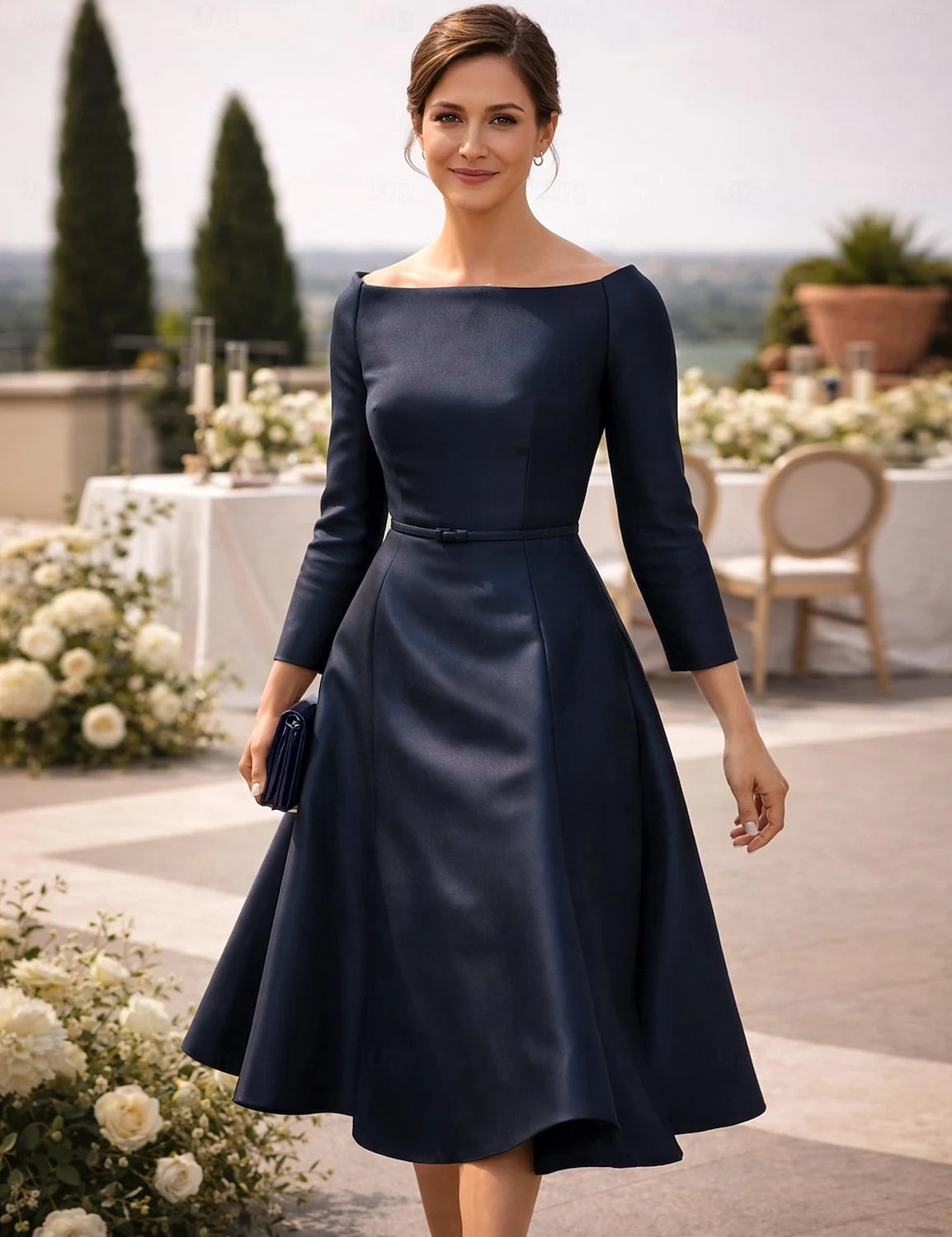 Elegant A-Line Boat Neck Three-Quarter Sleeve Timeless Navy Blue Midi Prom Dress Gown