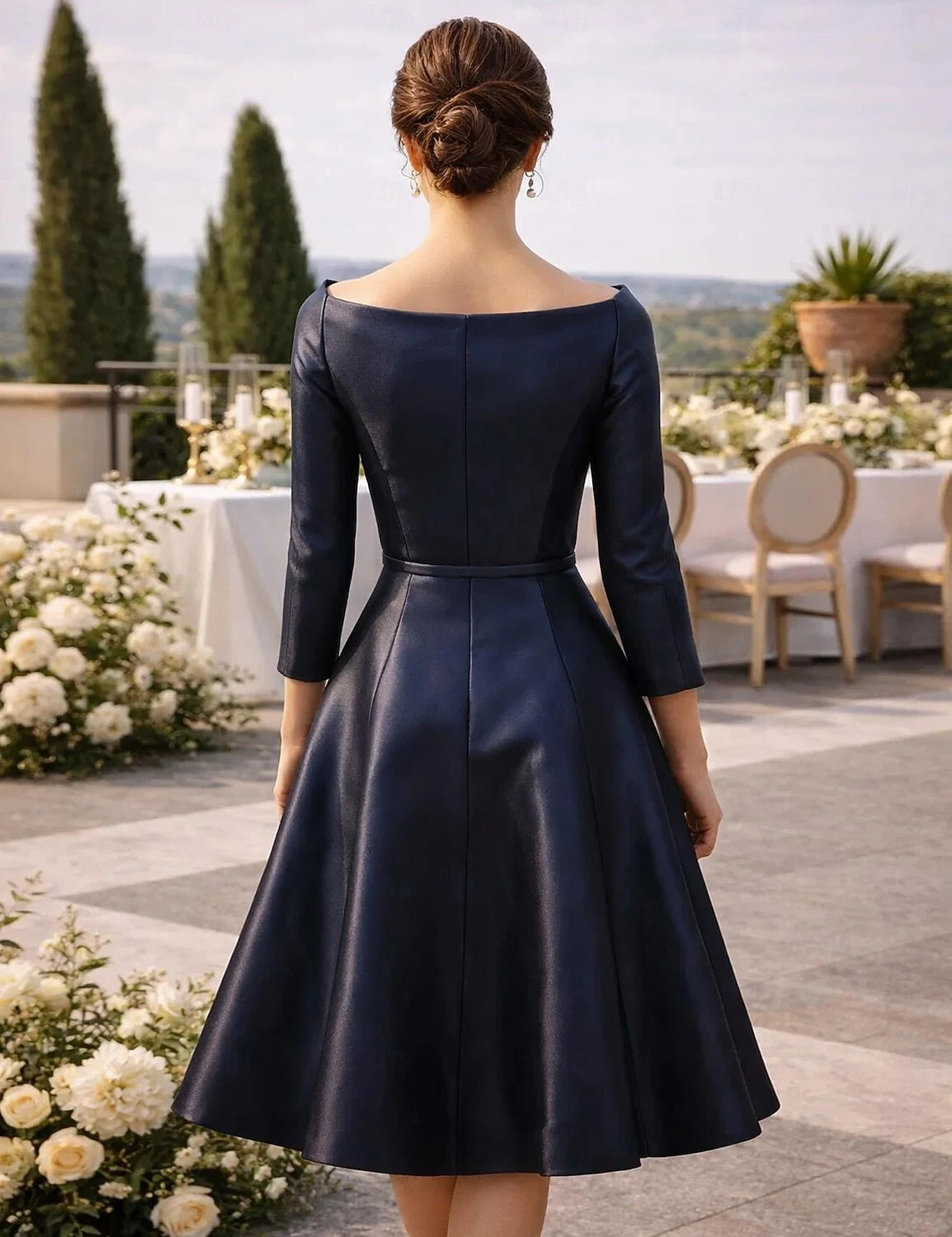 Elegant A-Line Boat Neck Three-Quarter Sleeve Timeless Navy Blue Midi Prom Dress Gown