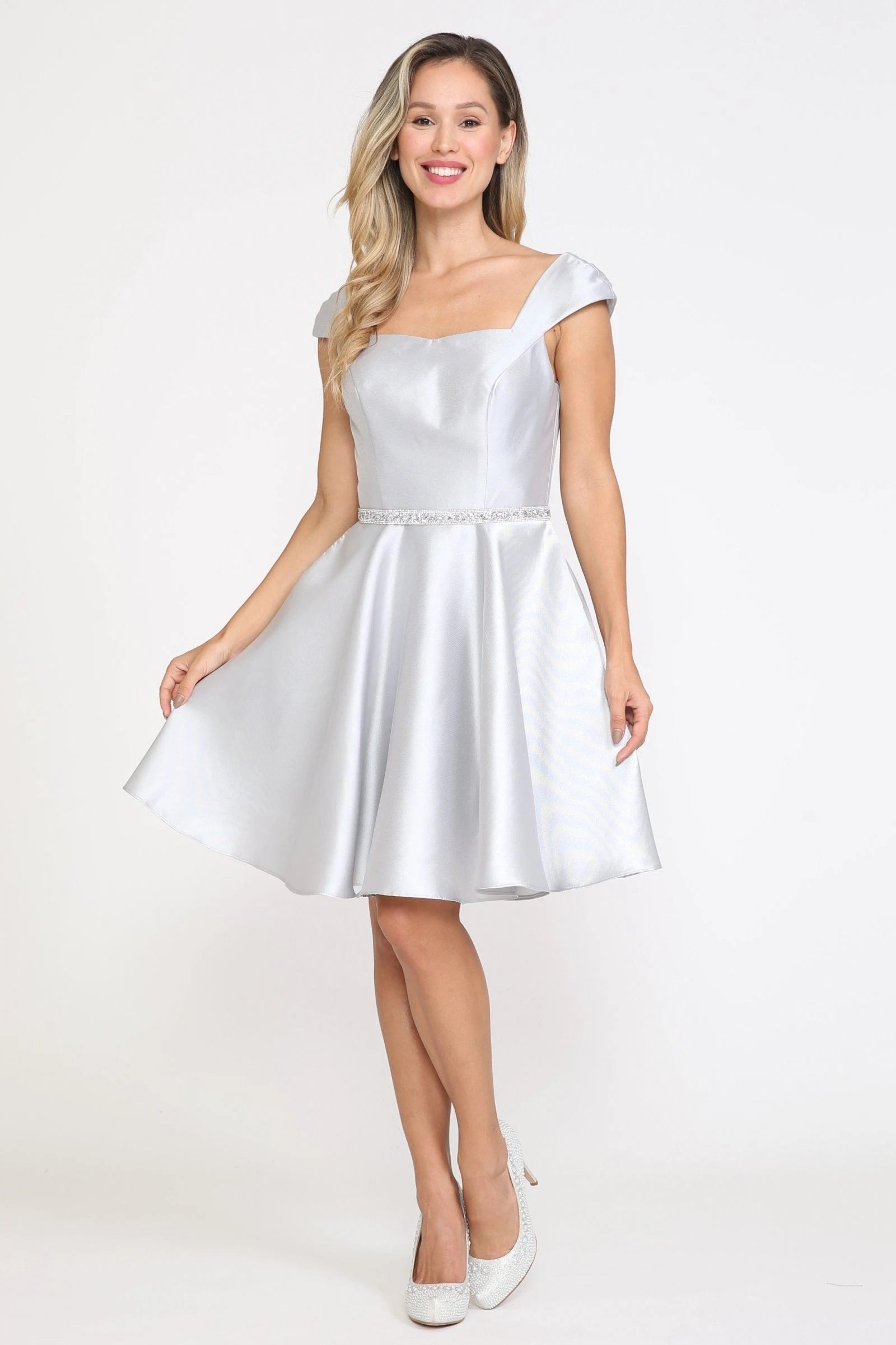 Elegant A-Line Cap Sleeve Beaded Silver Short Homecoming Dress for Women
