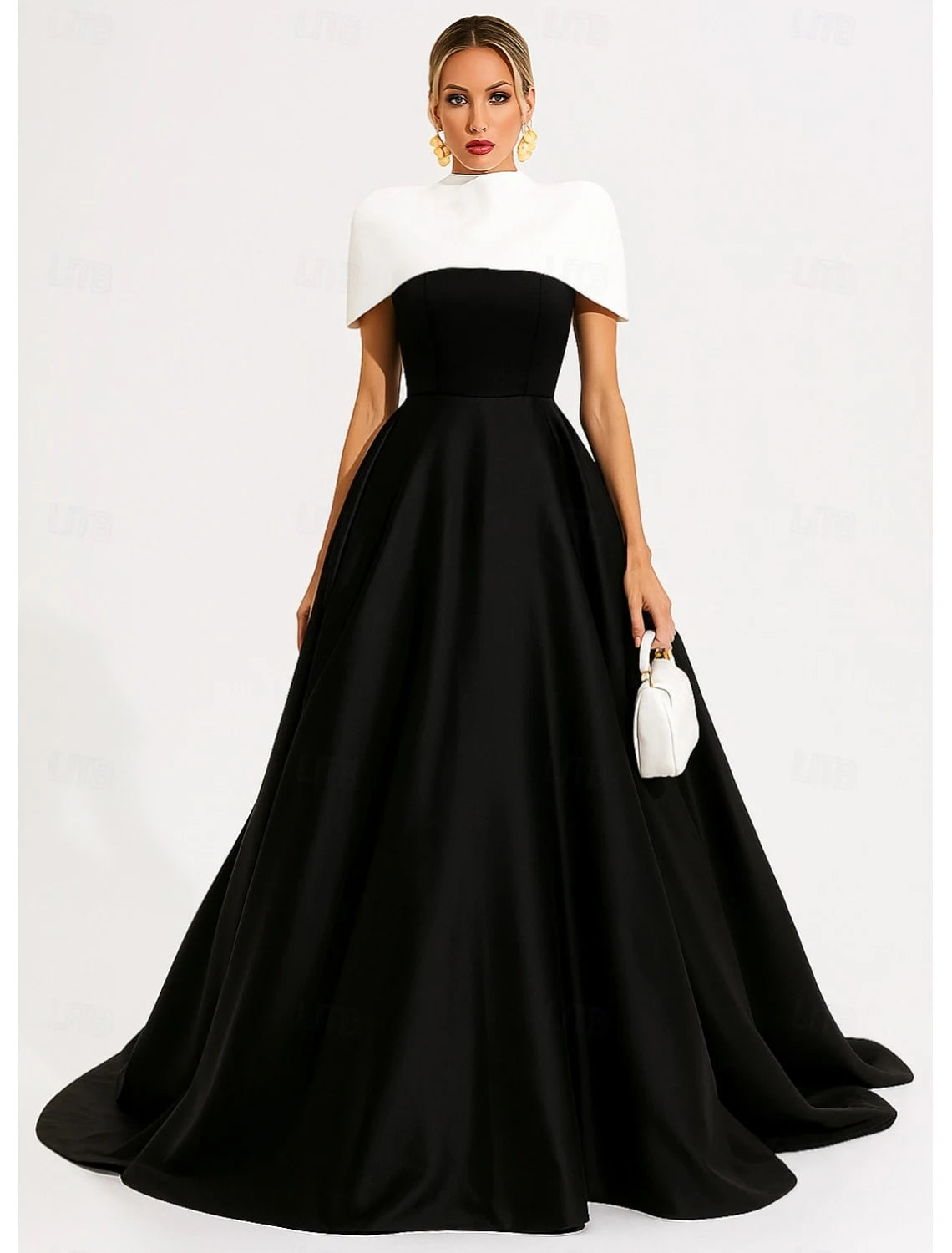 Elegant A-Line Cape Neck Two-Tone Black White Floor-Length Evening Gown