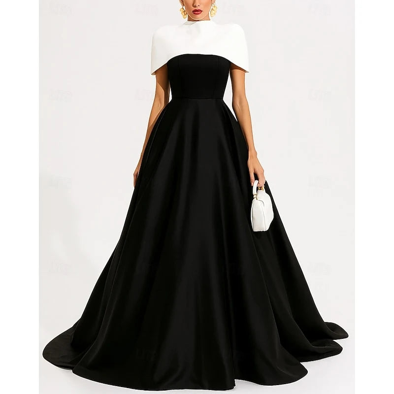 Elegant A-Line Cape Neck Two-Tone Black White Floor-Length Evening Gown