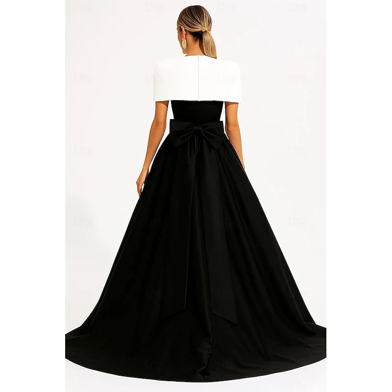 Elegant A-Line Cape Neck Two-Tone Black White Floor-Length Evening Gown