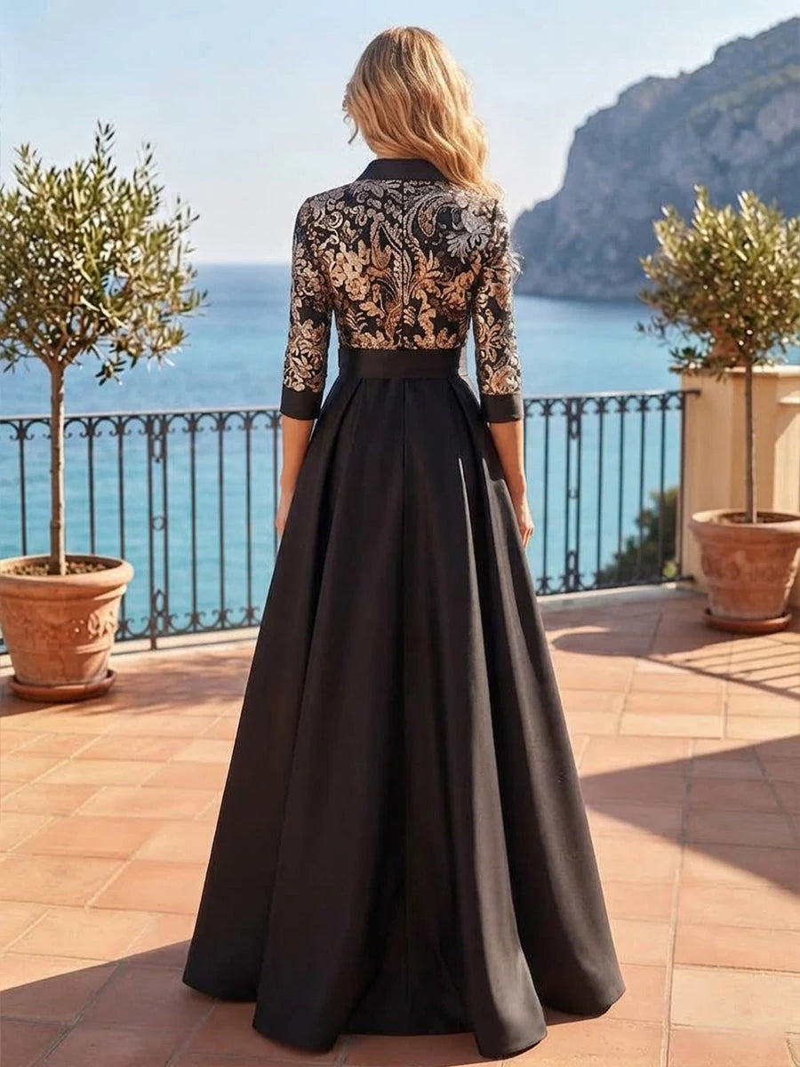 Elegant A-Line Collared Sleeved Bow Black Mother of the Bride Dress
