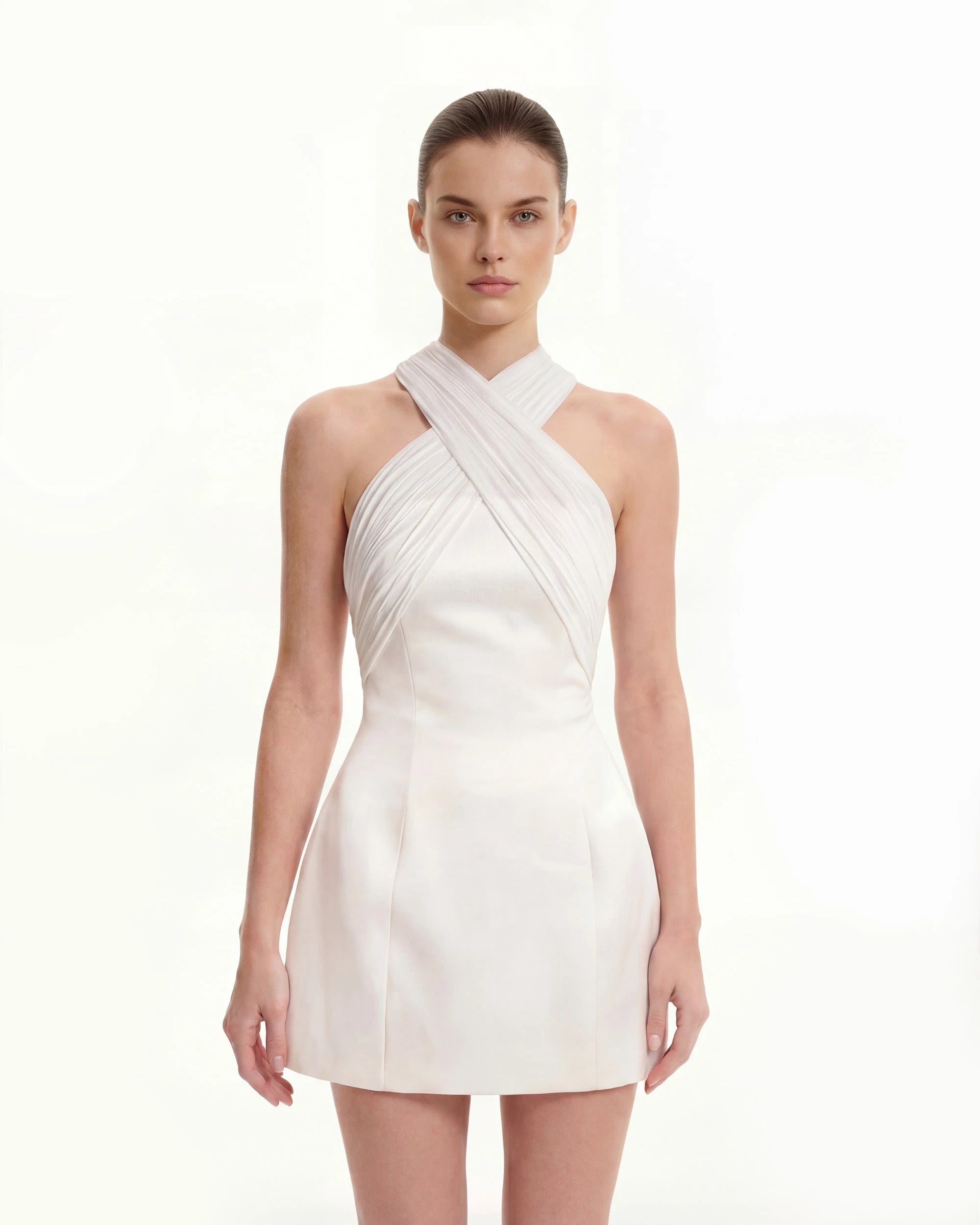 Elegant A-Line Convertible Halter Ruched White Mini Homecoming Dress Women's