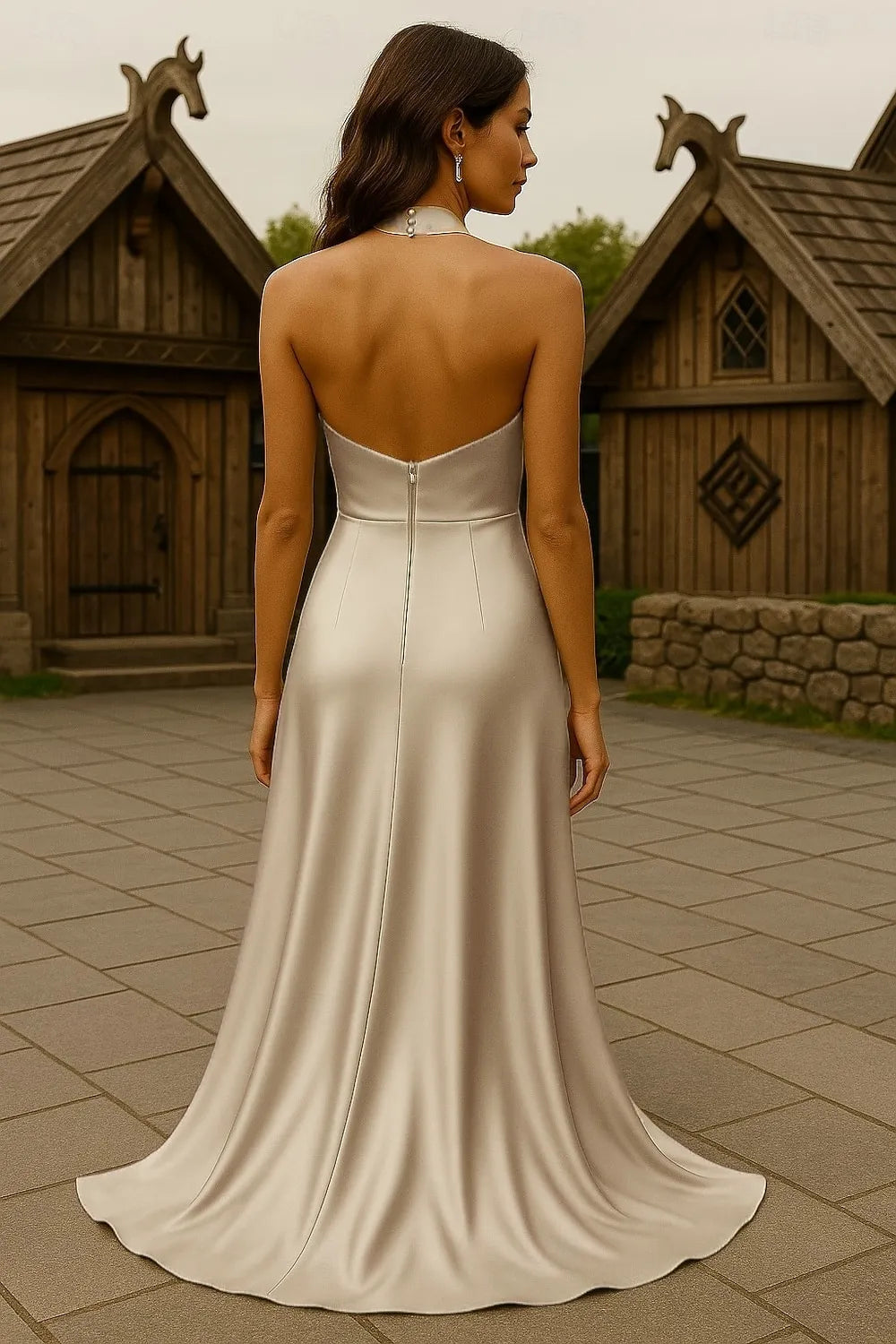 Elegant A-Line Cowl Neck Halter Draped Backless Champagne Floor-Length Evening Gown