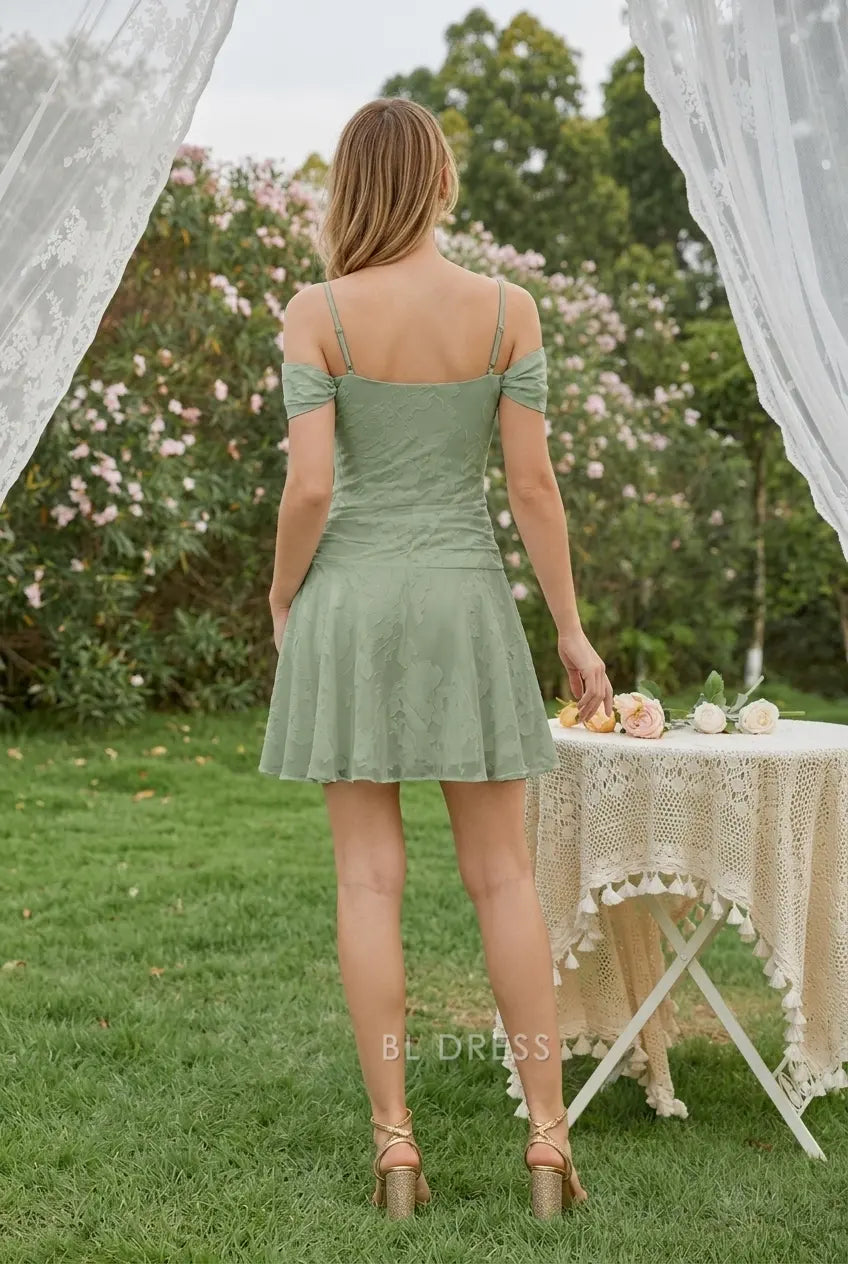 Elegant A-Line Cowl Neck Off-Shoulder Ruched Sage Green Mini Homecoming Dress Women's