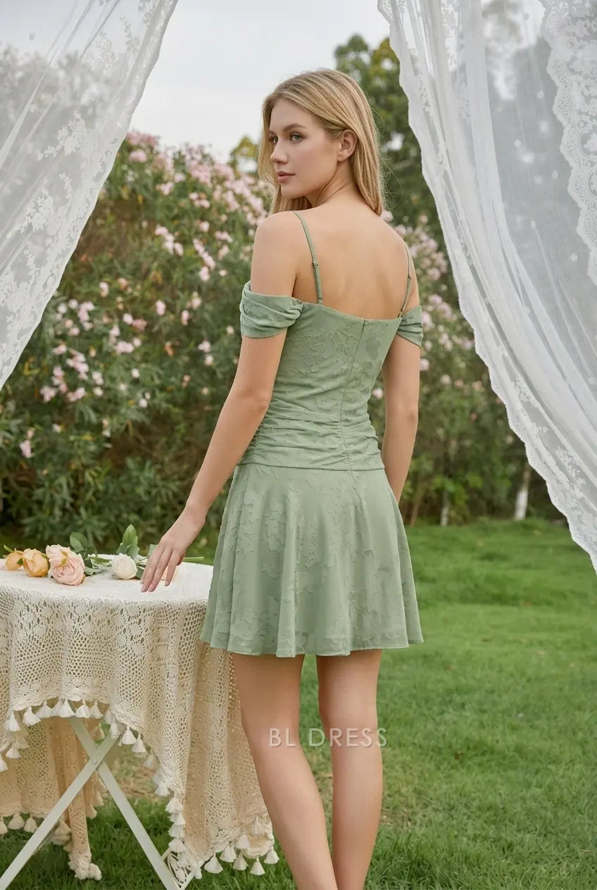 Elegant A-Line Cowl Neck Off-Shoulder Ruched Sage Green Mini Homecoming Dress Women's