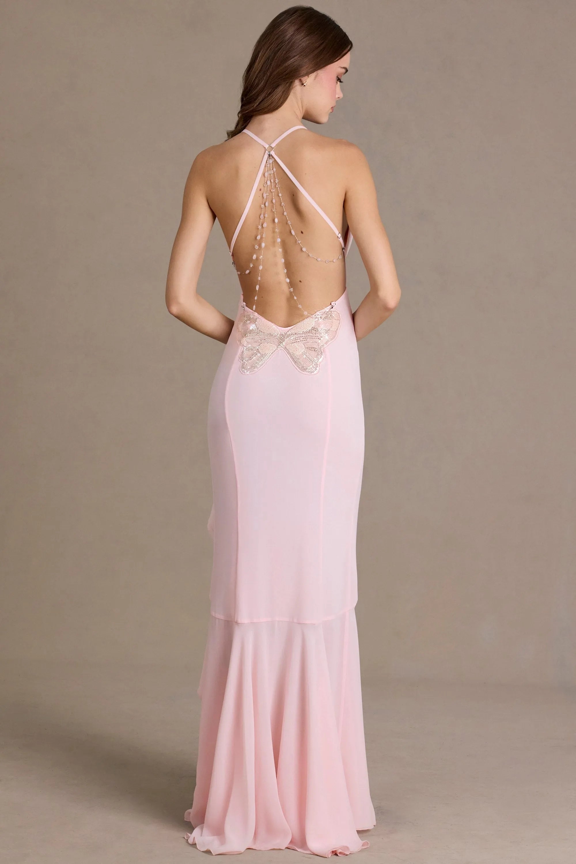 Elegant A-Line Cowl Neck Sleeveless Backless Pink Floor-Length Prom Dress