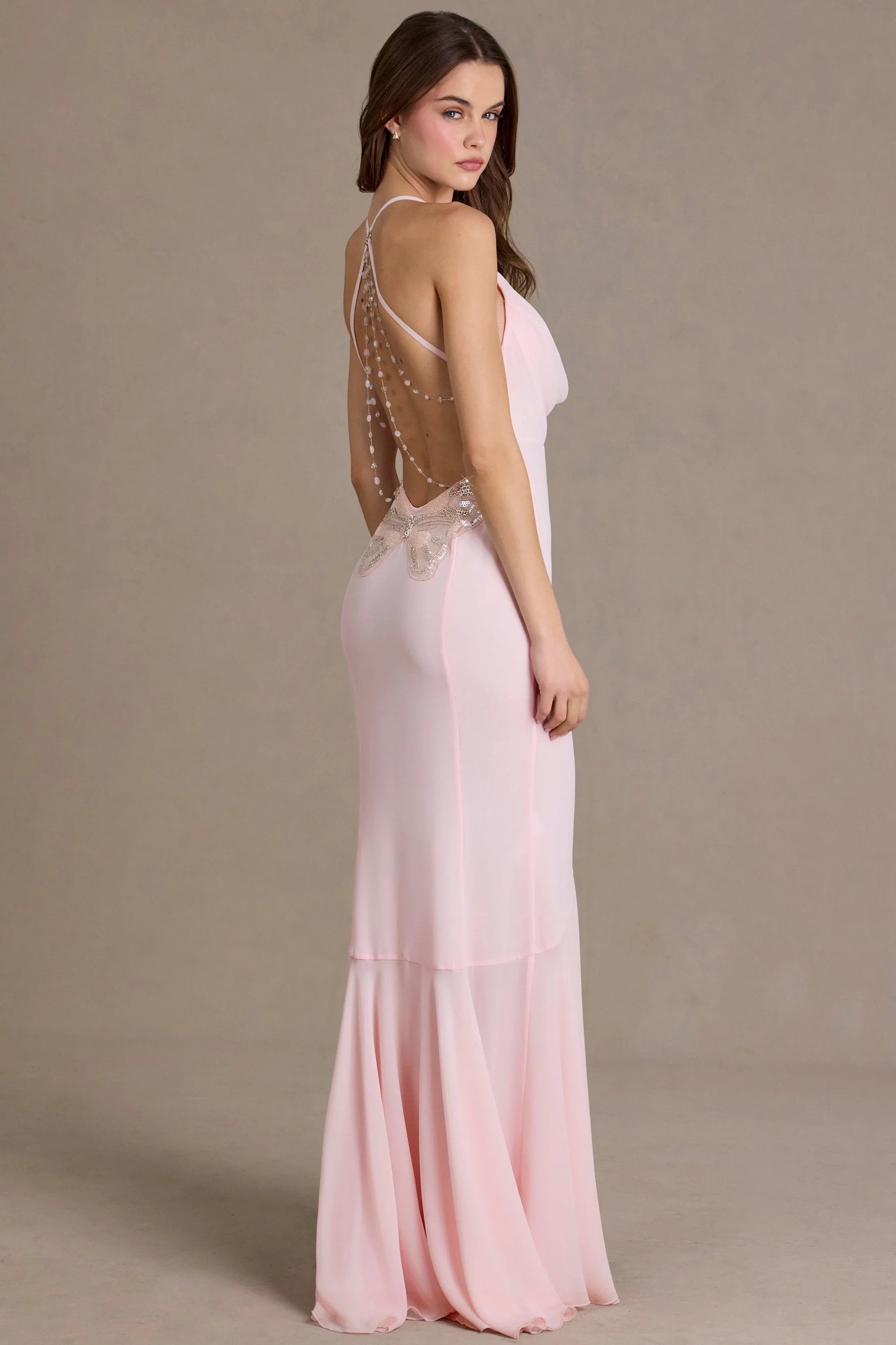Elegant A-Line Cowl Neck Sleeveless Backless Pink Floor-Length Prom Dress