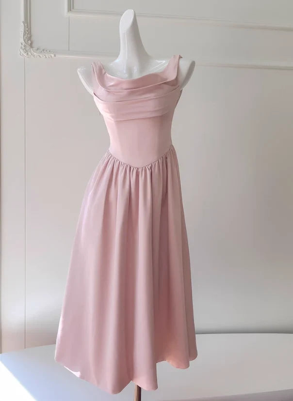 Elegant A-Line Cowl Neck Sleeveless Chic Backless Blush Pink Midi Homecoming Dresses