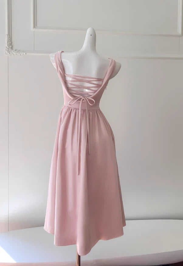 Elegant A-Line Cowl Neck Sleeveless Chic Backless Blush Pink Midi Homecoming Dresses