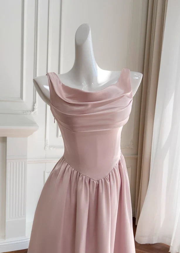 Elegant A-Line Cowl Neck Sleeveless Chic Backless Blush Pink Midi Homecoming Dresses