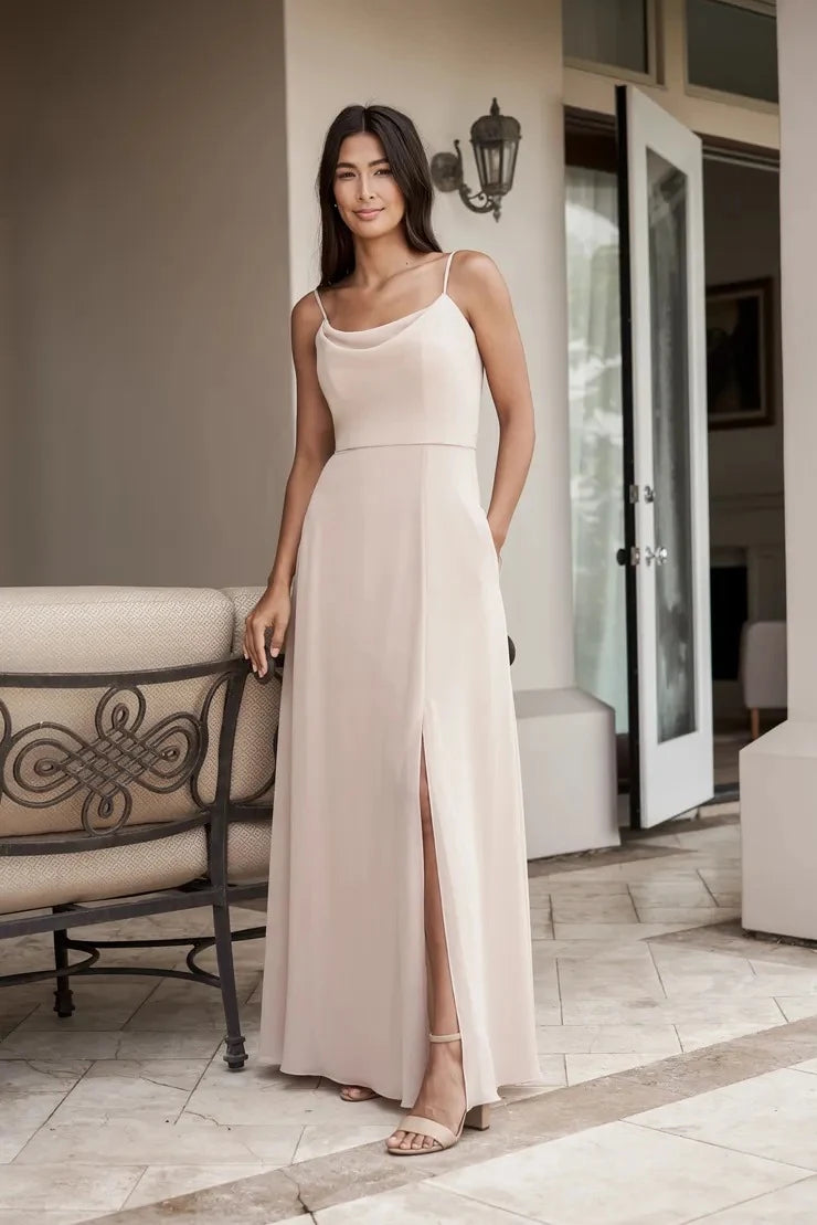 Elegant A-Line Cowl Neck Sleeveless Chic Nude Pink Floor-Length Prom Gown