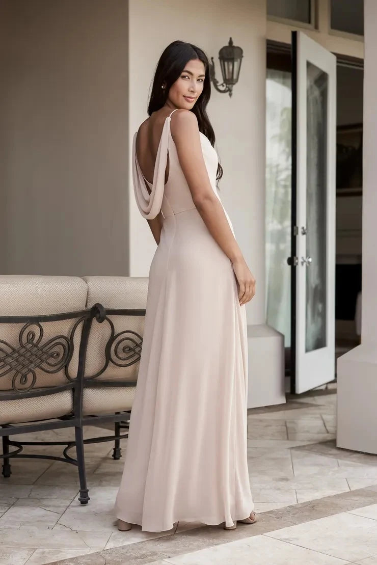Elegant A-Line Cowl Neck Sleeveless Chic Nude Pink Floor-Length Prom Gown