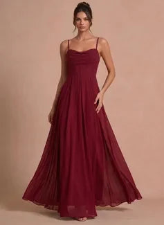 Elegant A-Line Cowl Neck Sleeveless Criss-Cross Flowy Burgundy Floor-Length Prom Dress