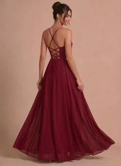 Elegant A-Line Cowl Neck Sleeveless Criss-Cross Flowy Burgundy Floor-Length Prom Dress