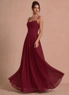 Elegant A-Line Cowl Neck Sleeveless Criss-Cross Flowy Burgundy Floor-Length Prom Dress
