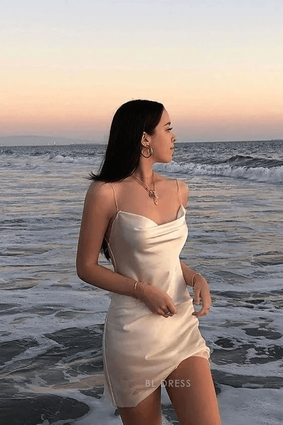 Elegant A-Line Cowl Neck Sleeveless Draped Champagne Mini Homecoming Dress