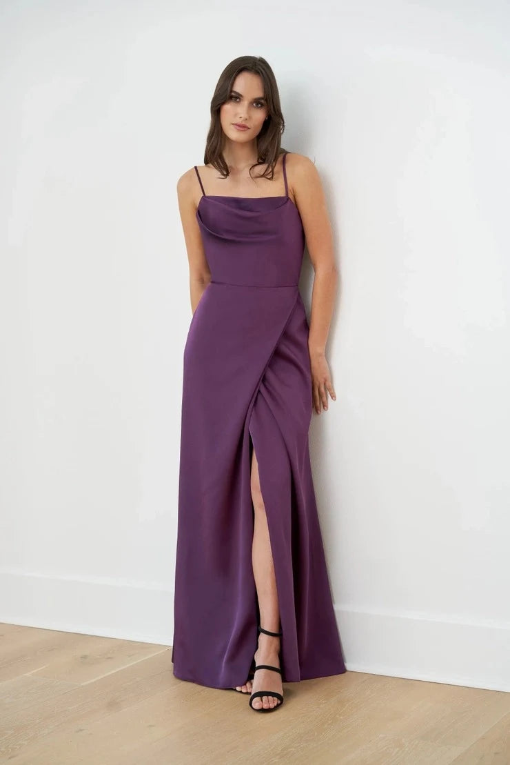 Elegant A-Line Cowl Neck Sleeveless Draped High Slit Plum Floor-Length Prom Dress