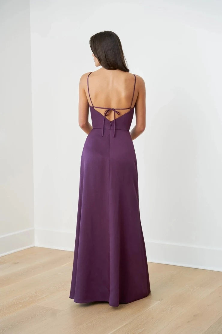 Elegant A-Line Cowl Neck Sleeveless Draped High Slit Plum Floor-Length Prom Dress