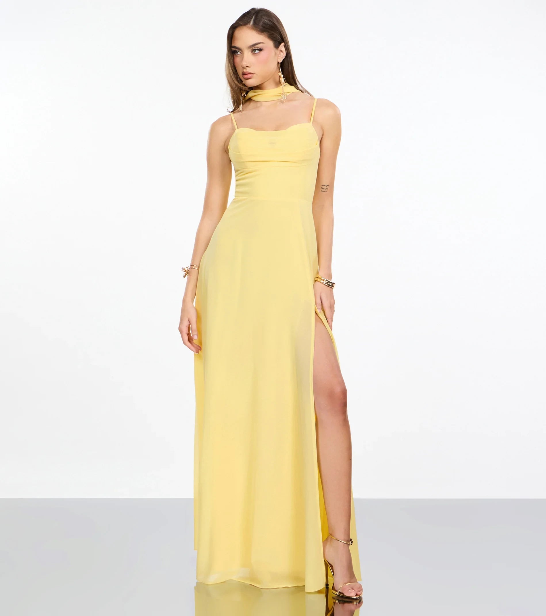 Elegant A-Line Cowl Neck Sleeveless Draped Yellow Floor-Length Prom Dress