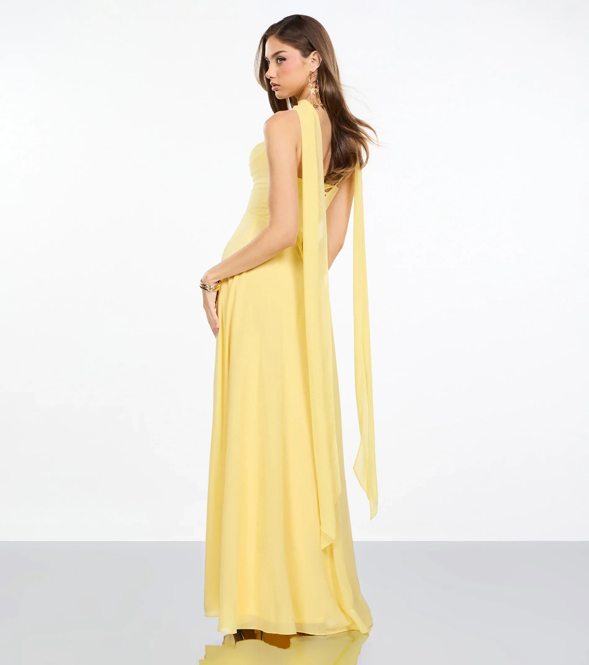 Elegant A-Line Cowl Neck Sleeveless Draped Yellow Floor-Length Prom Dress