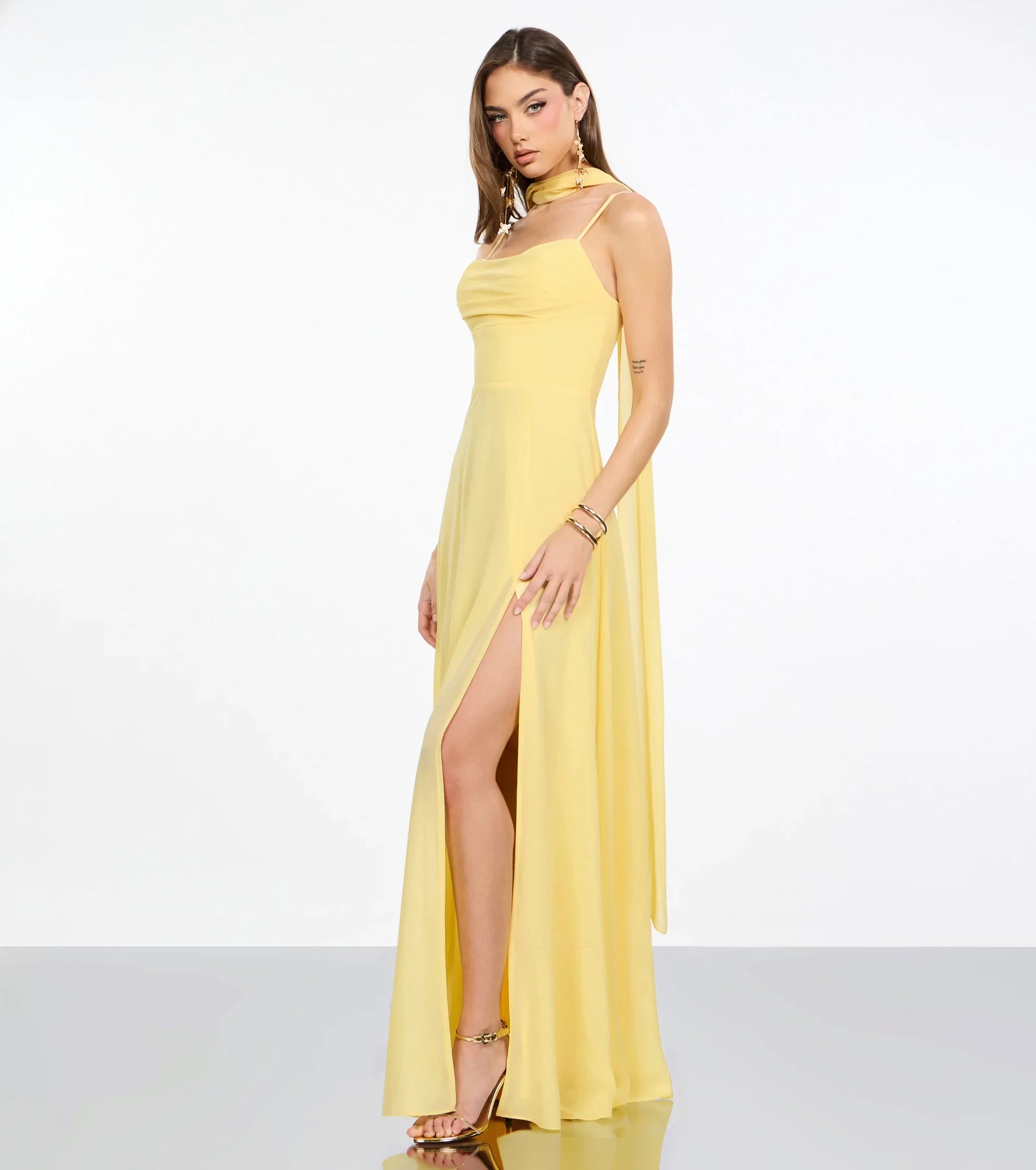 Elegant A-Line Cowl Neck Sleeveless Draped Yellow Floor-Length Prom Dress
