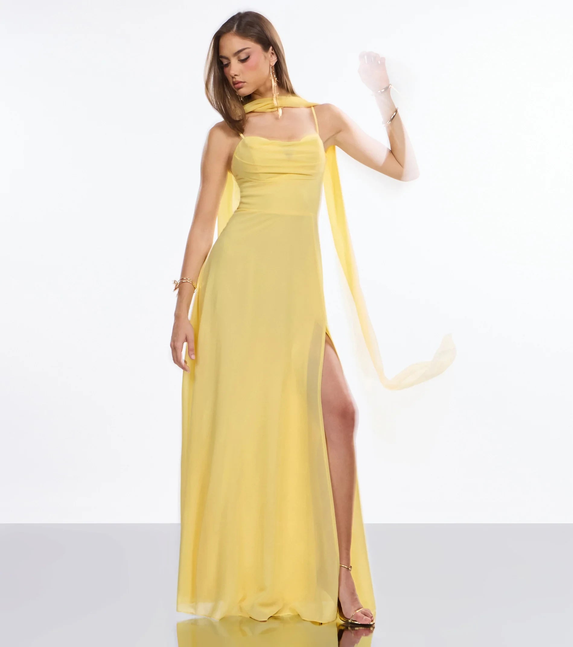 Elegant A-Line Cowl Neck Sleeveless Draped Yellow Floor-Length Prom Dress