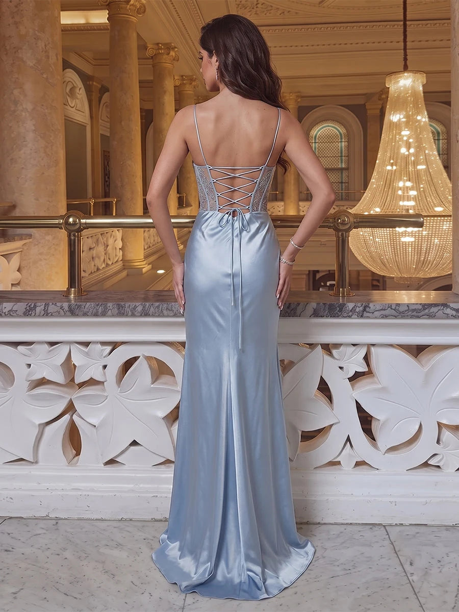 Elegant A-Line Cowl Neck Sleeveless High Slit Light Blue Long Prom Dress