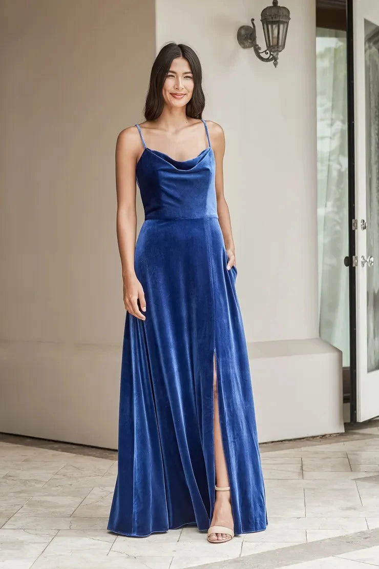 Elegant A-Line Cowl Neck Sleeveless High Slit Royal Blue Floor-Length Prom Dress