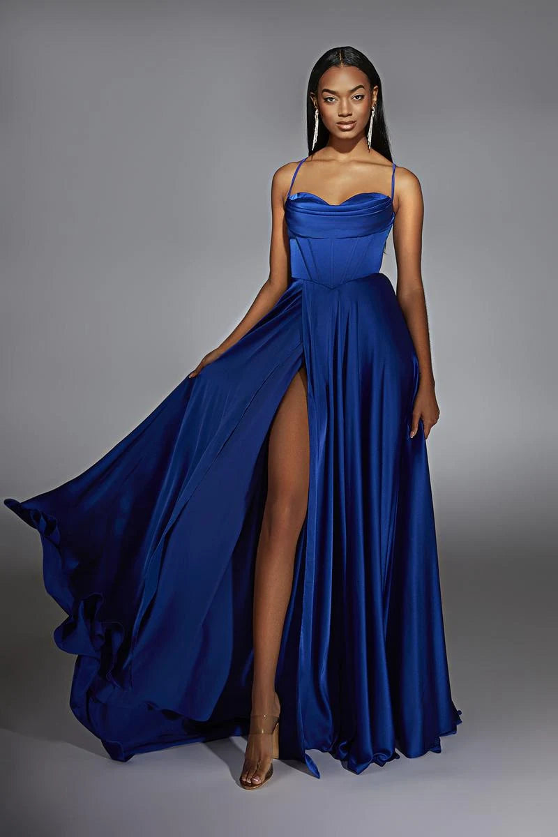 Elegant A-Line Cowl Neck Sleeveless High Slit Royal Blue Long Prom Dress Gown