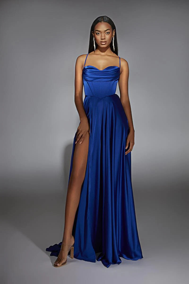 Elegant A-Line Cowl Neck Sleeveless High Slit Royal Blue Long Prom Dress Gown