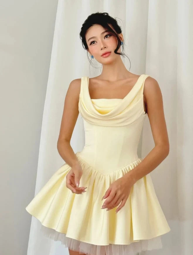 Elegant A-Line Cowl Neck Sleeveless Pleated Corset Pastel Yellow Short Homecoming Dress