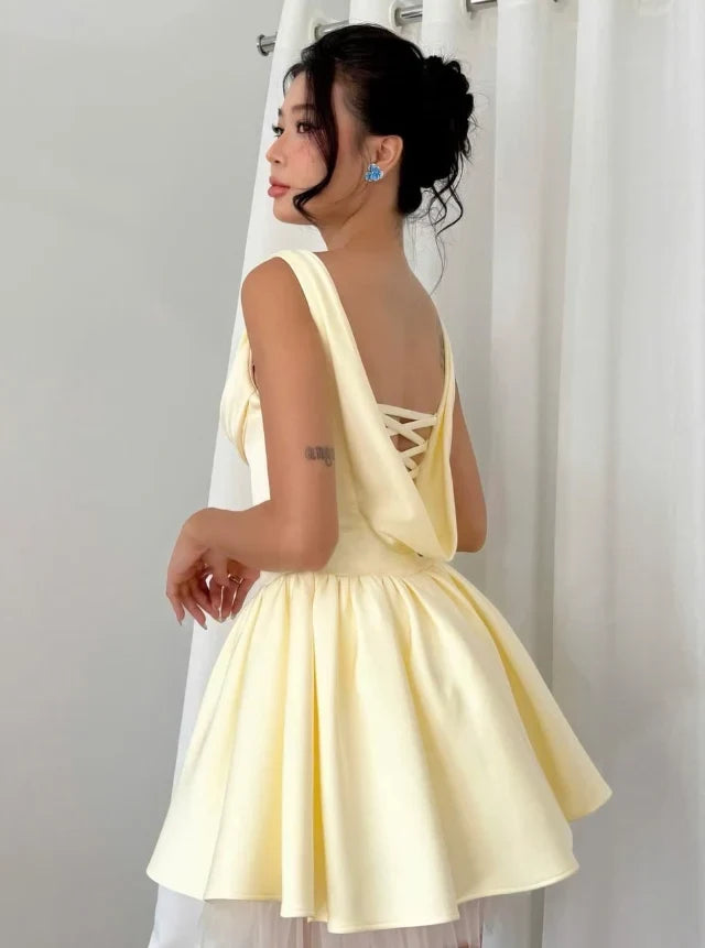 Elegant A-Line Cowl Neck Sleeveless Pleated Corset Pastel Yellow Short Homecoming Dress