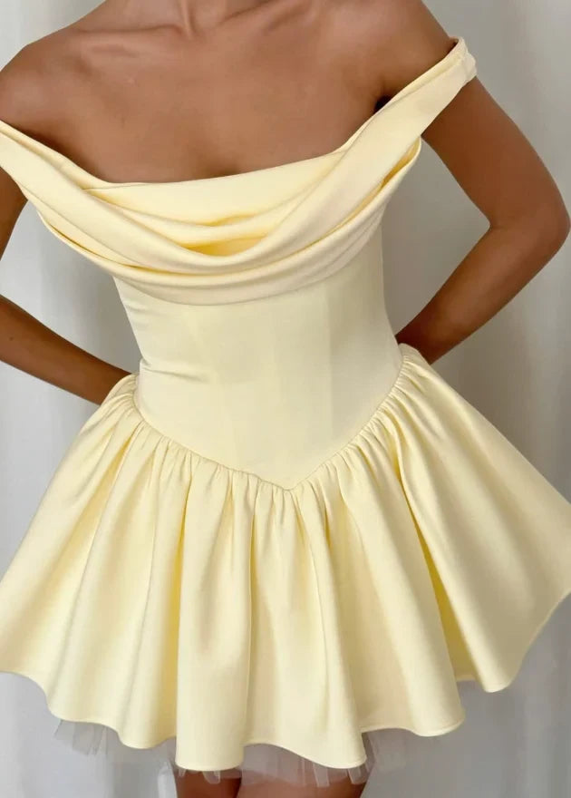 Elegant A-Line Cowl Neck Sleeveless Pleated Corset Pastel Yellow Short Homecoming Dress