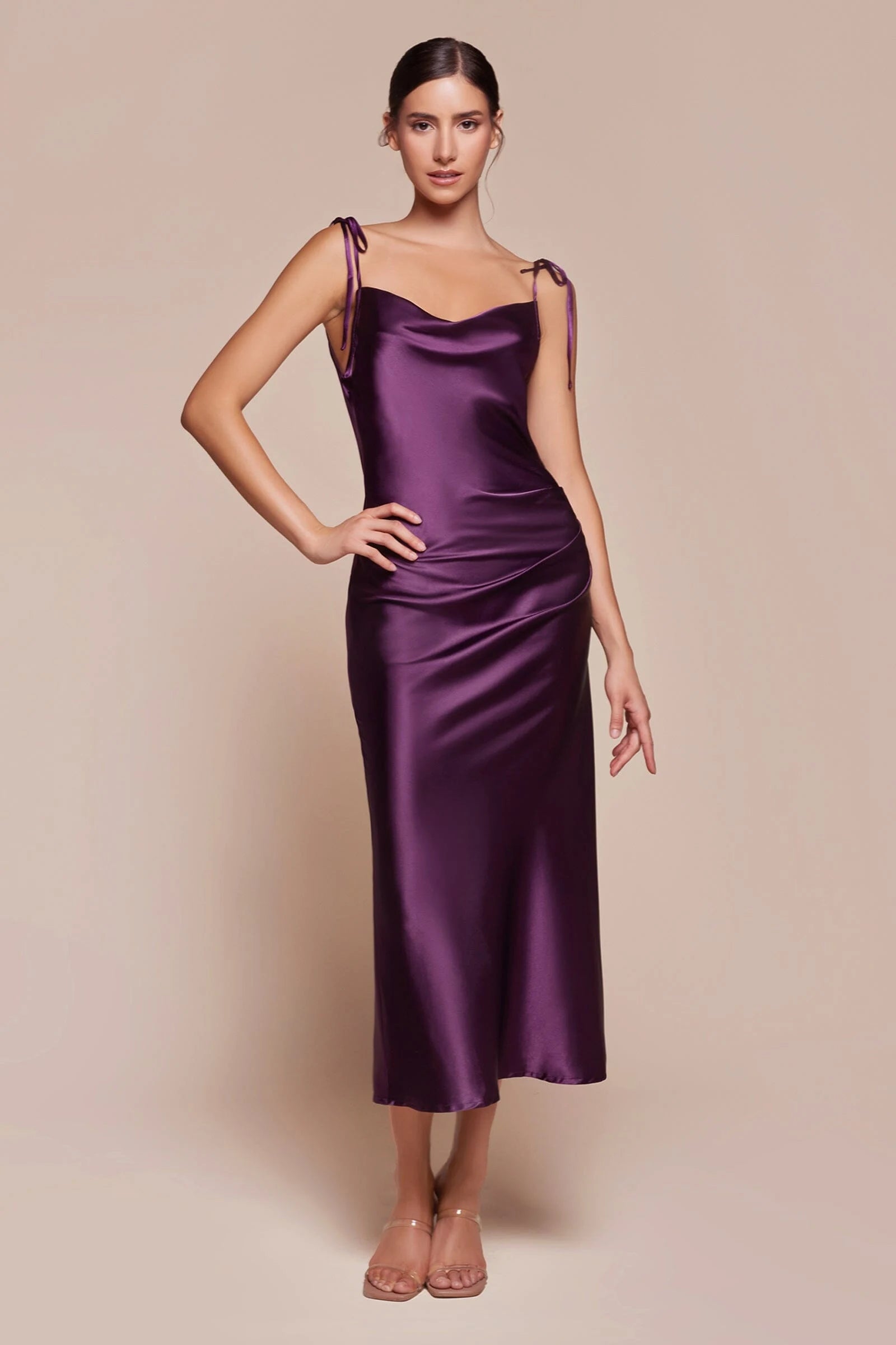 Elegant A-Line Cowl Neck Sleeveless Ruched Plum Midi Homecoming Dresses Women