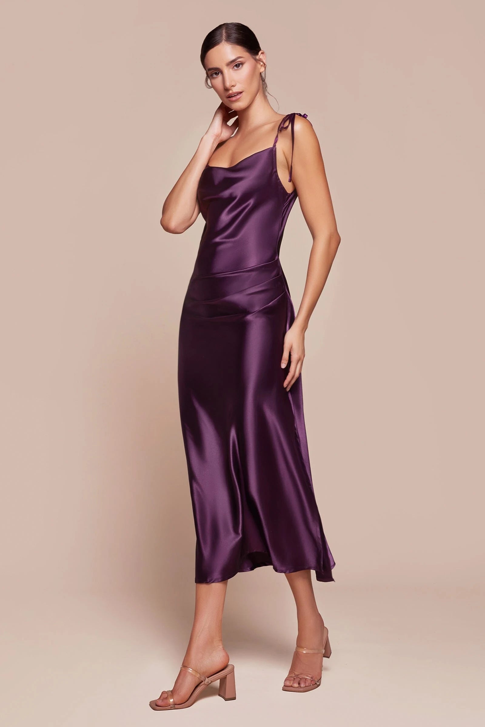 Elegant A-Line Cowl Neck Sleeveless Ruched Plum Midi Homecoming Dresses Women