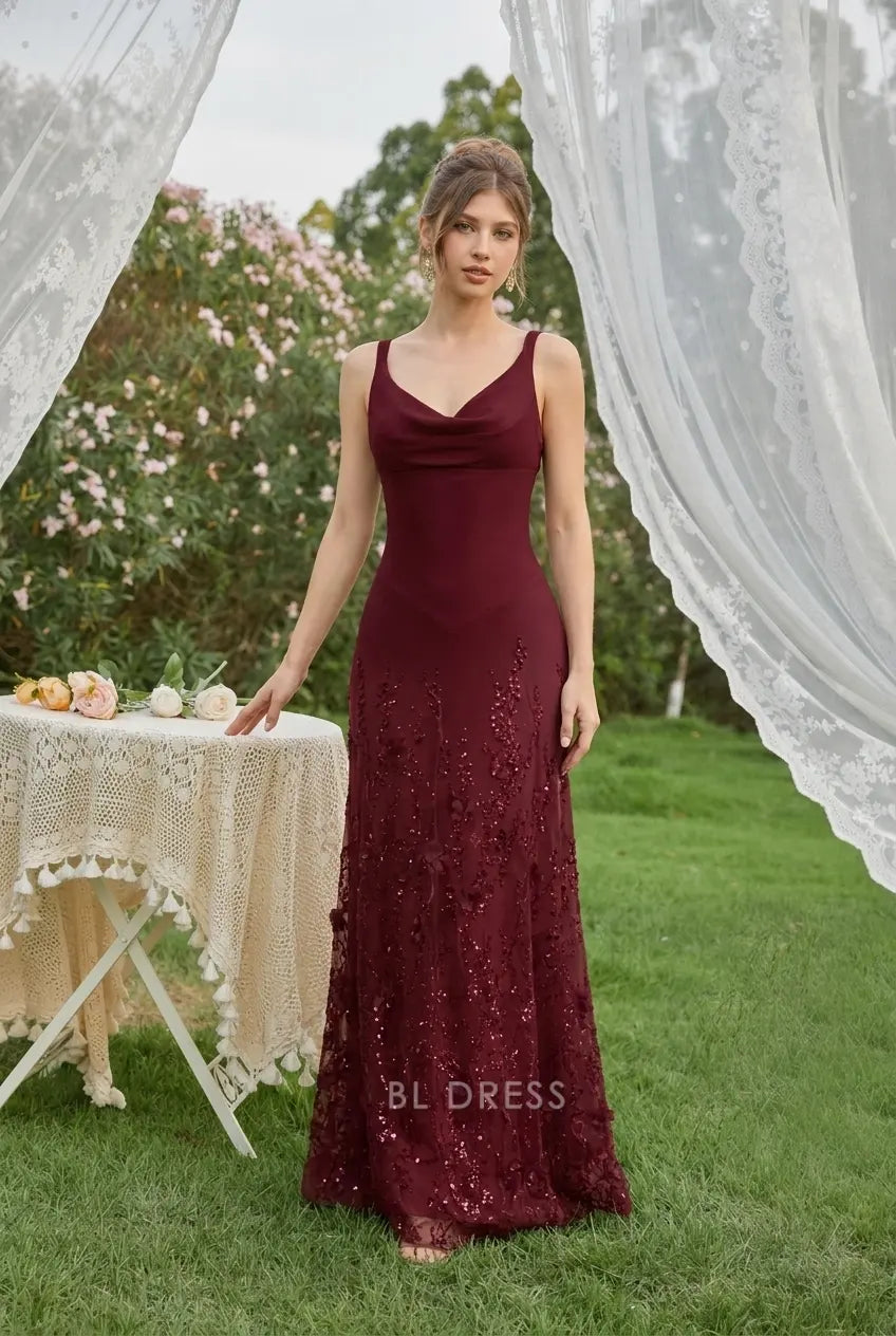 Elegant A-Line Cowl Neck Sleeveless Sequin Burgundy Floor-Length Prom Gown