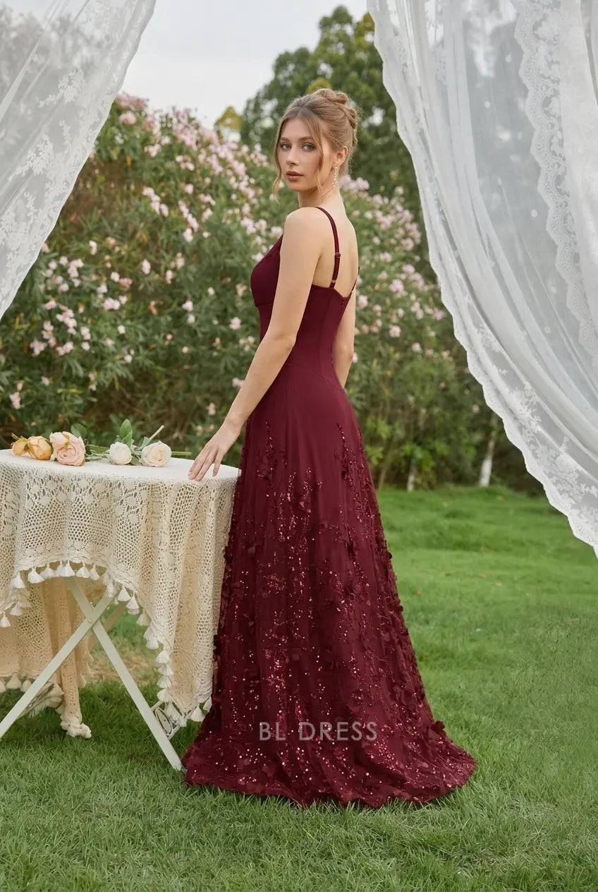 Elegant A-Line Cowl Neck Sleeveless Sequin Burgundy Floor-Length Prom Gown