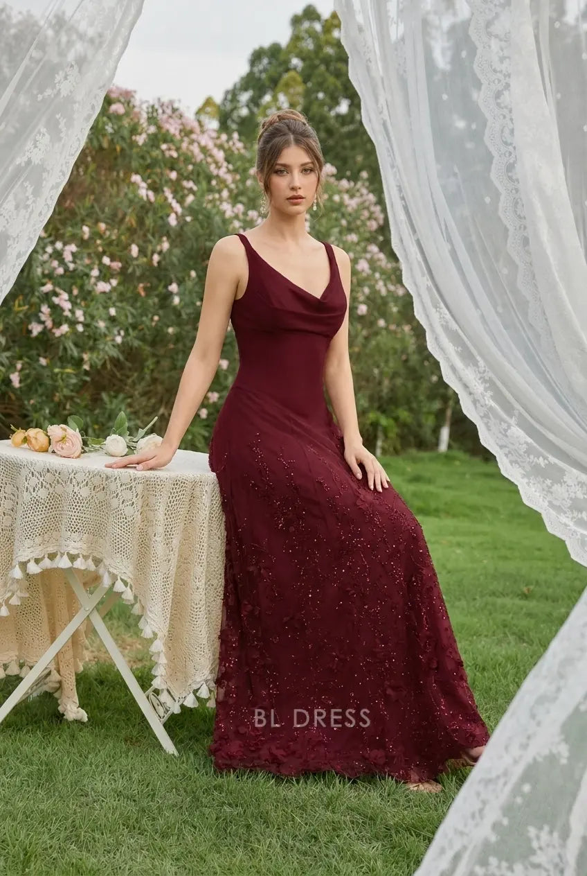 Elegant A-Line Cowl Neck Sleeveless Sequin Burgundy Floor-Length Prom Gown
