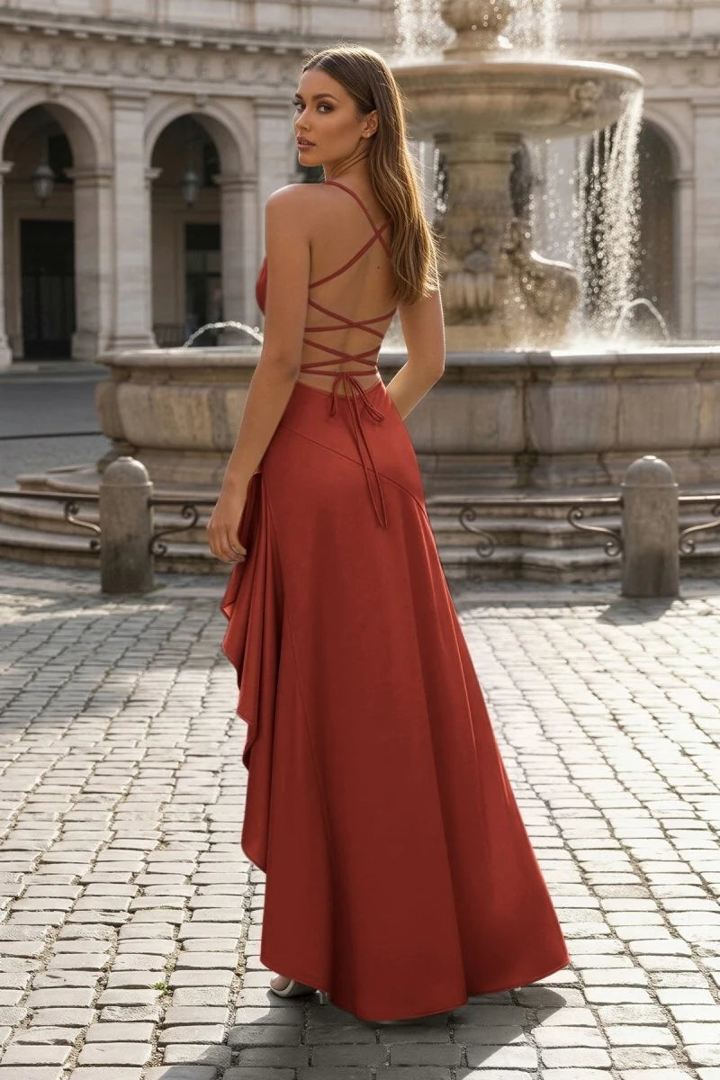 Elegant A-Line Cowl Sleeveless Ruffle Slit Rust Maxi Prom Dresses Women
