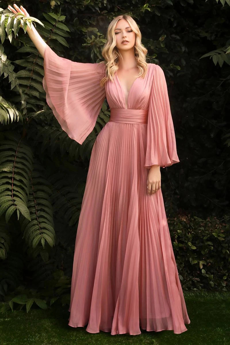 Elegant A-Line Deep V-Neck Bell Sleeves Pleated Dusty Pink Long Prom Dress