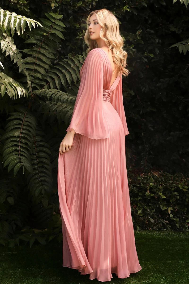 Elegant A-Line Deep V-Neck Bell Sleeves Pleated Dusty Pink Long Prom Dress