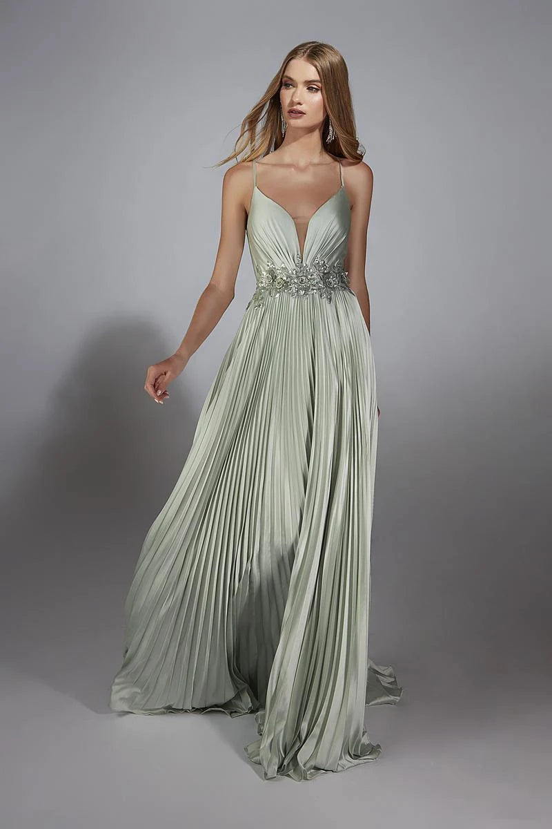 Elegant A-Line Deep V-Neck Pleated Sage Green Floor-Length Prom Dress for Women
