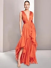 Elegant A-Line Deep V-Neck Sleeveless Ruffled High-Low Coral Prom Dress Gown