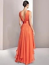 Elegant A-Line Deep V-Neck Sleeveless Ruffled High-Low Coral Prom Dress Gown