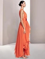 Elegant A-Line Deep V-Neck Sleeveless Ruffled High-Low Coral Prom Dress Gown