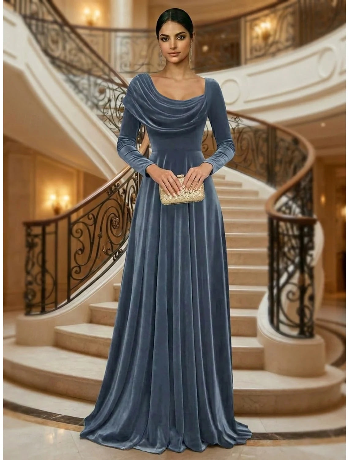 Elegant A-Line Draped Cowl Neck Long Sleeve Dusty Blue Floor-Length Evening Gown